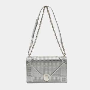 Dior Silver Microcannage Patent Leather Medium Diorama Shoulder Bag