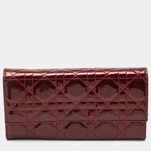 Pre Owned Dior Dark Red Cannage Patent Leather Lady Dior Wallet on Chain