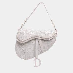 Dior White Ultra Matte Woven Calfskin Saddle Bag