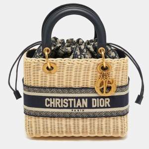 Dior Navy Blue/Natural Rattan and Canvas Medium Lady Dior Tote