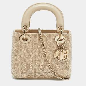 Dior Beige Cannage Beads and Fabric Mini Lady Dior Tote
