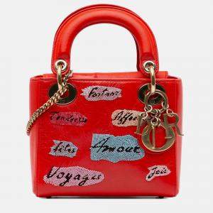 Pre Owned Dior Lady Dior Mini Calfskin Red Sequin Embellished Handbag