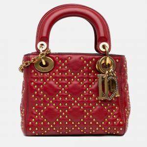 Dior Lady Dior Mini Red Lambskin Studded Handbag