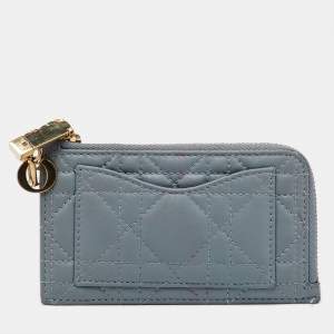 Pre Owned Dior Pale Blue Cannage Leather Cosmos Zip Card Holder