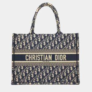 Dior Beige Navy Blue Canvas Oblique Book Tote Bag
