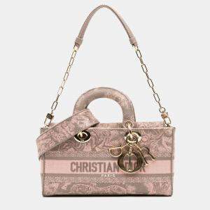 Pre Owned Dior Grey Pink Medium Canvas Embroidered Toile De Jouy Lady D Joy Satchel