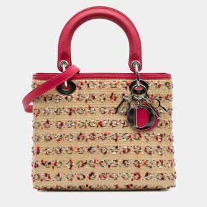 Pre Owned Dior Beige/Pink Medium Woven Raffia Lady Dior