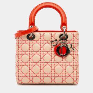 Pre Owned Dior Beige/Orange Medium Lambskin Cannage Stitched Lady Dior