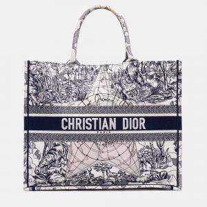 Pre Owned Dior Navy Blue/White Large Canvas Embroidered Around The World Book Tote