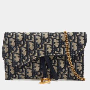 Pre Owned Dior Navy Blue Oblique Canvas and Leather Saddle Wallet On Chain