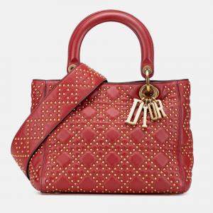 Pre Owned Dior Red Medium Lambskin Cannage Studded Supple Lady Dior