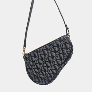 Pre Owned Dior Navy Blue Oblique Canvas and Leather Saddle Baguette Bag