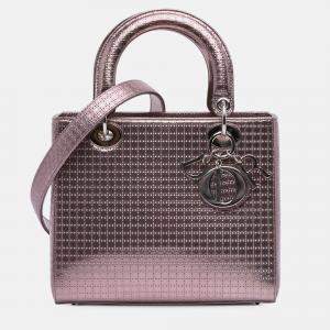 Pre Owned Dior Pink Medium Metallic Patent Microcannage Lady Dior