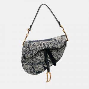 Pre Owned Dior Navy Blue Canvas Reverse Embroidered Toile De Jouy Saddle Bag