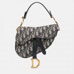 Pre Owned Dior Navy Blue Mini Oblique Canvas Saddle Bag