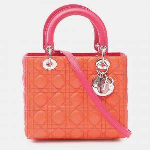 Pre Owned Dior Orange Pink Medium Bicolor Lambskin Cannage Lady Dior