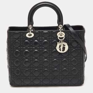 Pre Owned Dior Black Cannage Leather Large Lady Dior Tote