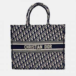 Pre Owned Dior Beige/Navy Blue Fabric Oblique Book Tote