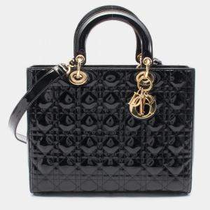 Pre Owned Christian Dior Lady Large Cannage Black Patent Leather Handbag