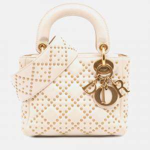 Pre Owned Dior White Mini Lambskin Cannage Studded Supple Lady Dior