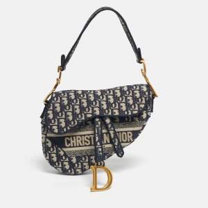 Pre Owned Dior Navy Blue Oblique Canvas and Leather Saddle Bag
