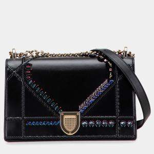 Pre Owned Dior Black Medium Calfskin Crystal Embroidered Diorama Flap