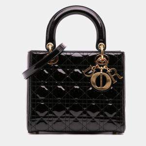 Pre Owned Dior Black Medium Patent Cannage Lady Dior