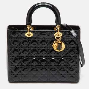 Pre Owned Dior Black Cannage Patent Leather Large Lady Dior Tote