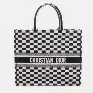 Pre Owned Dior Black White Large Embroidered Canvas Checkered Book Tote