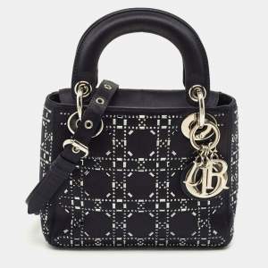 مملوكة مسبقًا Dior Navy Blue Satin Cannage Strass Crystal Embellished Mini Lady Dior Tote