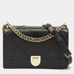 Pre Owned Dior Black Lizard Medium Diorama Flap Shoulder Bag