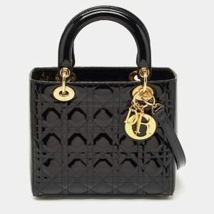 Pre Owned Dior Black Cannage Patent Leather Medium Lady Dior Tote