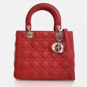 Pre Owned Dior Lady Dior Medium Red Lambskin Top Handle Bag