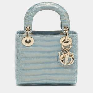 Pre Owned Dior Light Blue/Gold Glitter Alligator Mini Lady Dior Tote