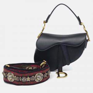 Pre Owned Dior Black Leather Saddle Bag Mini & Strap