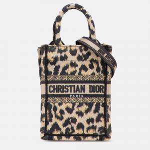 Pre Owned Dior Beige/Black Mizza Mini Embroidered Canvas Leopard Vertical Book Tote