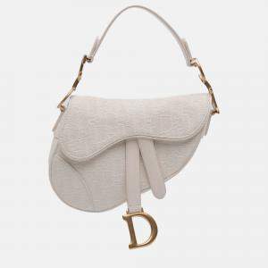 Pre Owned Dior White Mini Oblique Canvas Saddle Bag