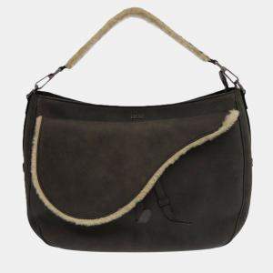 Pre Owned Christian Dior Saddle Shearling Mouton Gray Shoulder Bag