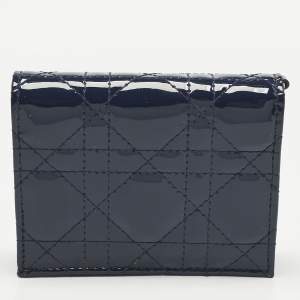Pre Owned Dior Navy Blue Patent Leather Mini Lady Dior Gardenia Wallet