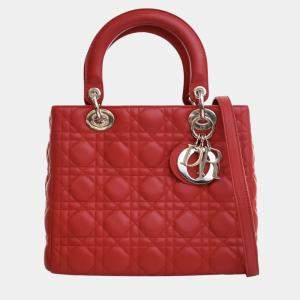 Pre Owned Dior Red Medium Lambskin Cannage Lady Dior