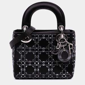 Pre Owned Dior Black Mini Satin Cannage Strass Crystal Embellished Lady Dior