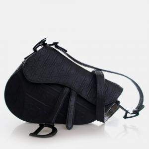 Pre Owned Dior Medium Oblique Embossed Black Calf Leather Saddle Bag