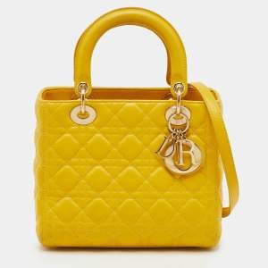 Pre Owned Dior Yellow Cannage Leather Medium Lady Dior Tote