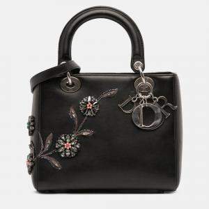 Pre Owned Dior Black Medium Beaded Floral Embellished Lambskin Lady Dior