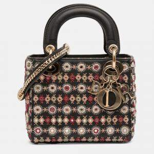 Pre Owned Dior Black Mini Calfskin Beaded Embroidered Lady Dior