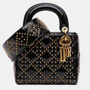 Pre Owned Dior Black Mini Patent Cannage Studded Supple Lady Dior