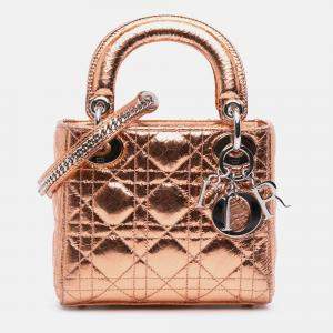 Pre Owned Dior Brown Mini Metallic Crinkled Calfskin Cannage Lady Dior
