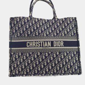 Pre Owned Dior Navy Blue Oblique Embroidered Canvas Large Book Tote