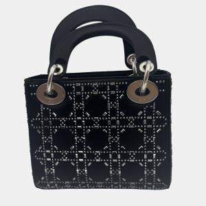 Pre Owned Dior Black Cannage Satin Mini Crystal Embellished Lady Dior Tote