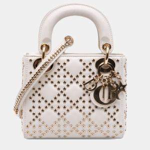 Pre Owned Dior White Mini Lambskin Cannage Lucky Star Studded Lady Dior